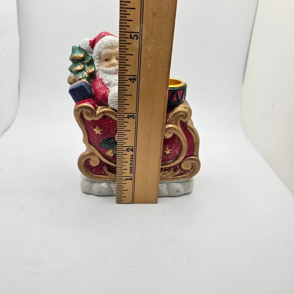 Christmas Santa Sleigh Candle Holder Glitter Ceramic Holiday Decor